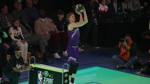 Feb 17, 2024; Indianapolis, IN, USA; Utah Jazz forward Lauri Markkanen (23) competes in the Starry 3-Point Contest during NBA All Star Saturday Night at Lucas Oil Stadium. Mandatory Credit: Trevor Ruszkowski-USA TODAY Sports